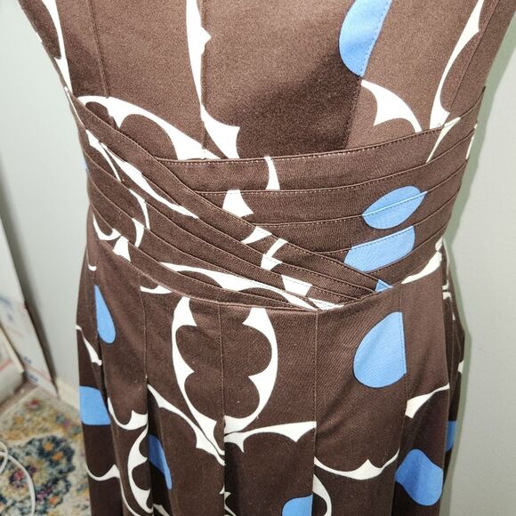 VTG Kay Unger Brown & Blue Polka Dot Strapless Fit & Flare Pleated Hem Dress 12 - Picture 6 of 15